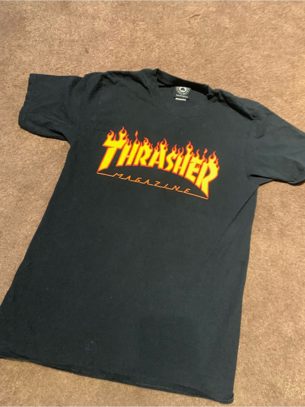 Thrasher Black Tee with Orange-Yellow Flame Logo